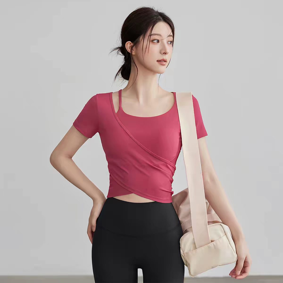 Pilates Yoga Wrap Top - Women's Slim Fit Sports Top Built-in